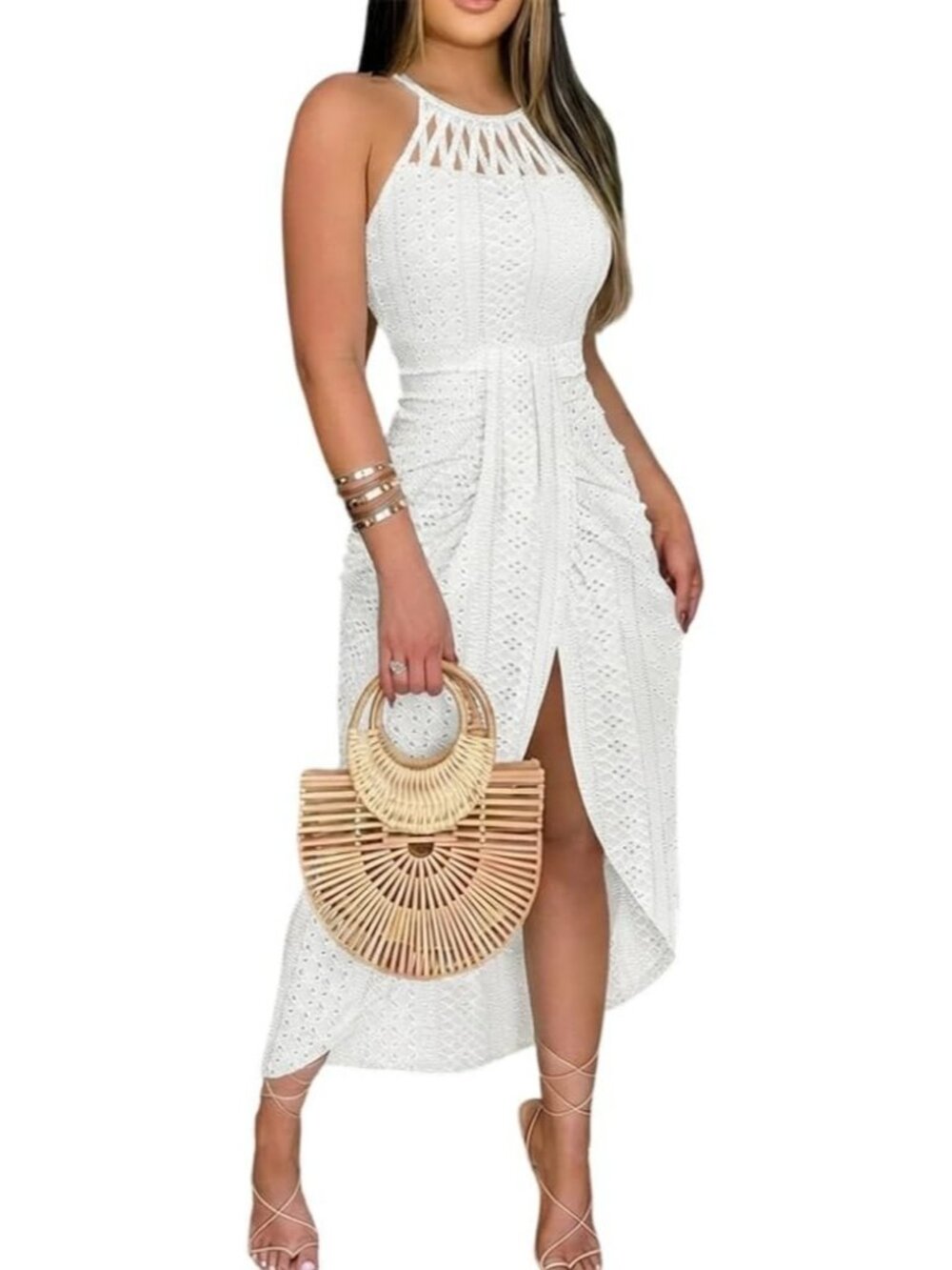 Women's White Summer Eyelet Embroidery Comfortable Halter Ruched Bodycon Dress